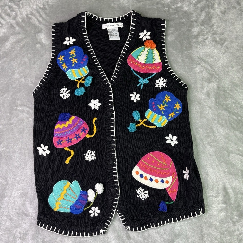 Victoria Jones Women's Small Mittens Christmas Vest Knitted